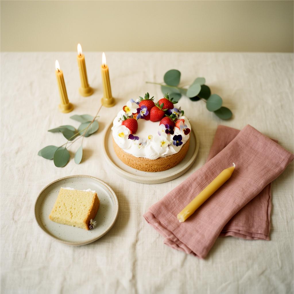 Overhead view of a small birthday cake with strawberries and edible flowers