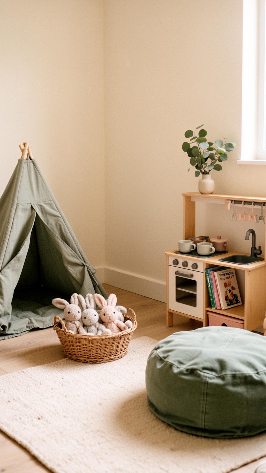 Cozy children's play area at LOULOU HOUSE with a sage canvas tepee, a basket of plush bunnies, and a wooden play kitchen